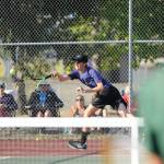 Sequims Damon Little lunges for a return as he and partner Liam Payne edge Port Angeles Brady Nickerson and Kyler Torbin in No. 1 doubles action on Sept. 6. Sequim Gazette photo by Michael Dashiell