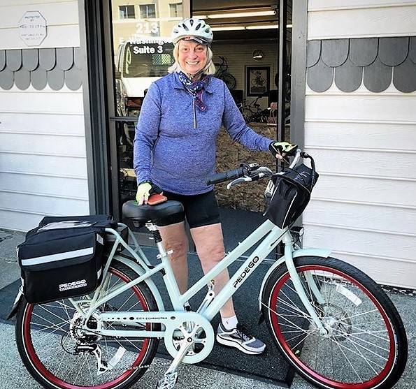 Joan Busby recently purchased a Pedego Electric Bicycle after she went on her first test ride of 18.2 miles. She said its a great product and helps her enjoy the scenery more and better keep up with her partner.