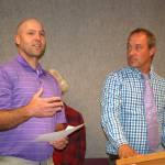 Isaac Rapelje, a Sequim High School teacher and union negotiator, left, stands with Sequim Education Association president, Aaron Reno, as they present the new two-year collective bargaining agreement that gives teachers a 12.5-14 percent raise to the Sequim School Board on Sept. 10. Sequim Gazette photo by Erin Hawkins