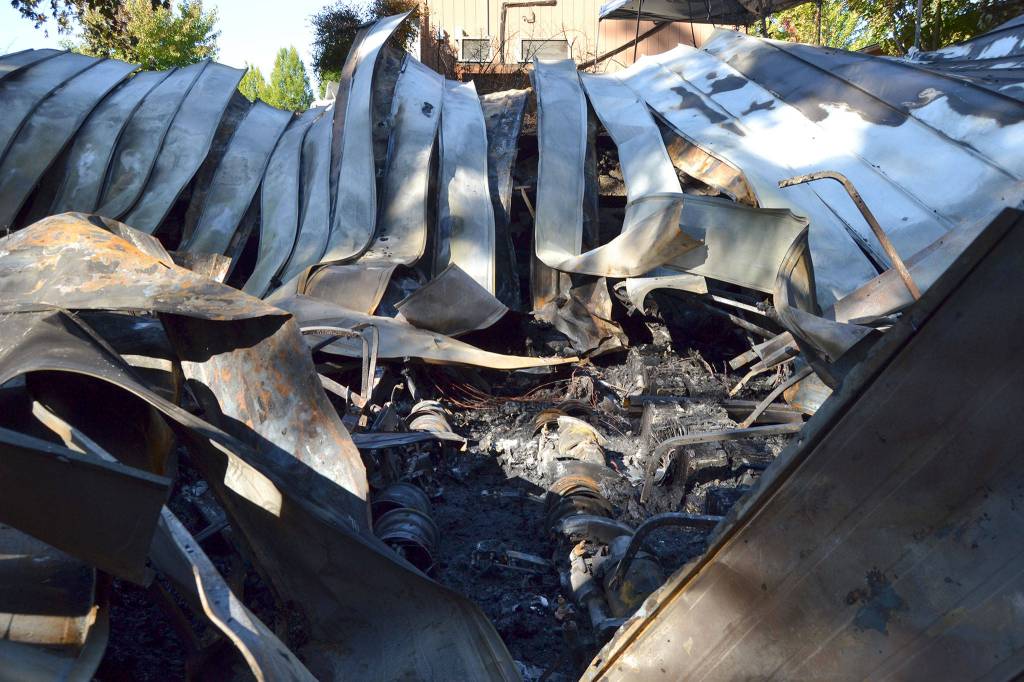 Staff with the Cedars at Dungeness estimate about 50 golf carts and other equipment were lost on Sunday, Sept. 16 in an early morning fire. No injuries were reported and the cause remains under investigation. Sequim Gazette photo by Matthew Nash