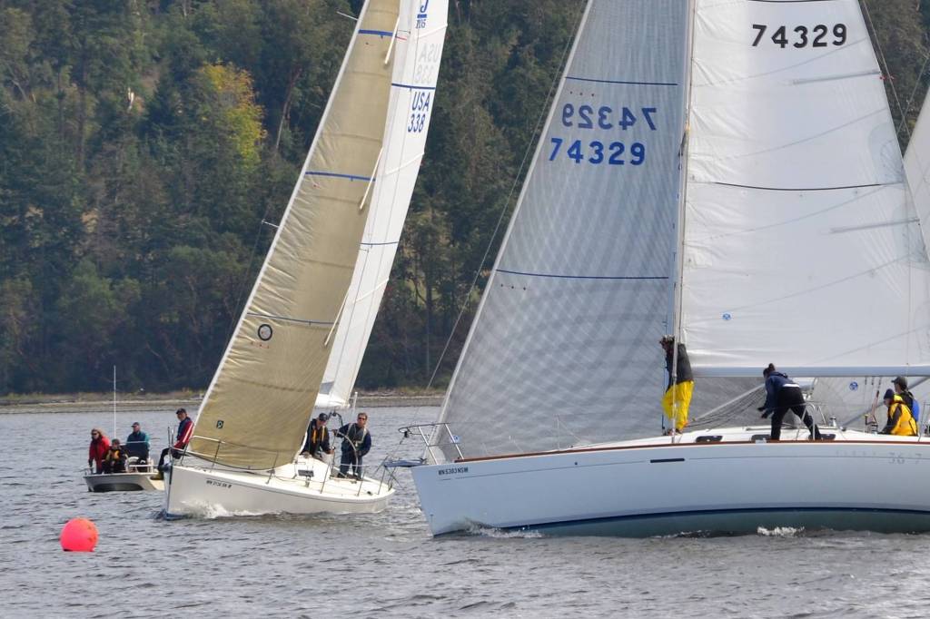 This years Reach and Row for Hospice featured nine sailboats along with 21 rowers throughout Waterfront Day at John Wayne Marina and Sequim Bay on Sept. 15. Sequim Gazette photo by Matthew Nash