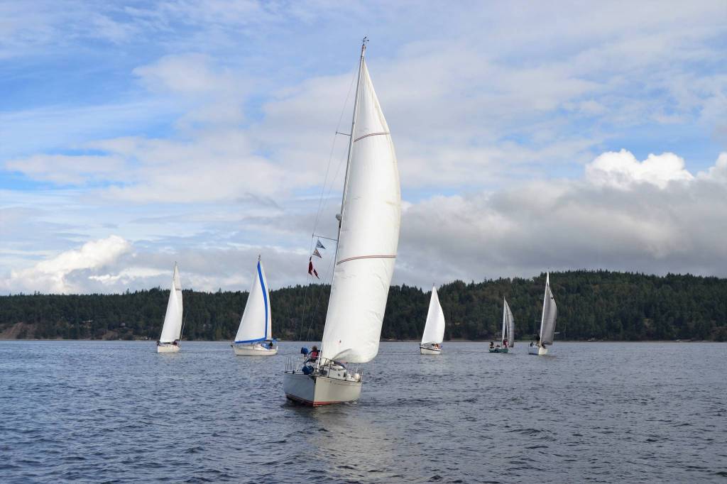 This years Reach and Row for Hospice featured nine sailboats along with 21 rowers throughout Waterfront Day at John Wayne Marina and Sequim Bay on Sept. 15. Sequim Gazette photo by Matthew Nash