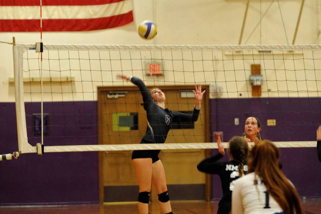 Sequim senior Brittany Gale rears back for a big hit as the Wolves host North Mason on Sept. 25. Sequim Gazette photo by Matthew Nash