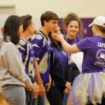 Saying hello to the Sequim High Homecoming assembly crowd are this years SHS exchange students: Khelea Cloetens and Mathys Tanche of Belgium, Rodrigo Silva Carrasco and Paula Martinez Saenz of Spain, Elisa Hieber of Germany, Isabella Lemos Platera of Brazil and Sofia Baruffi of Italy. Sequim Gazette photo by Michael Dashiell