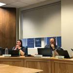 Sequim School board directors Jim Stoffer, left, Heather Short, President, Brian Kuh, and Sequim School Superintendent listen as classified staff speak out about contracts at the board meeting on Oct. 1. Sequim Gazette photo by Erin Hawkins