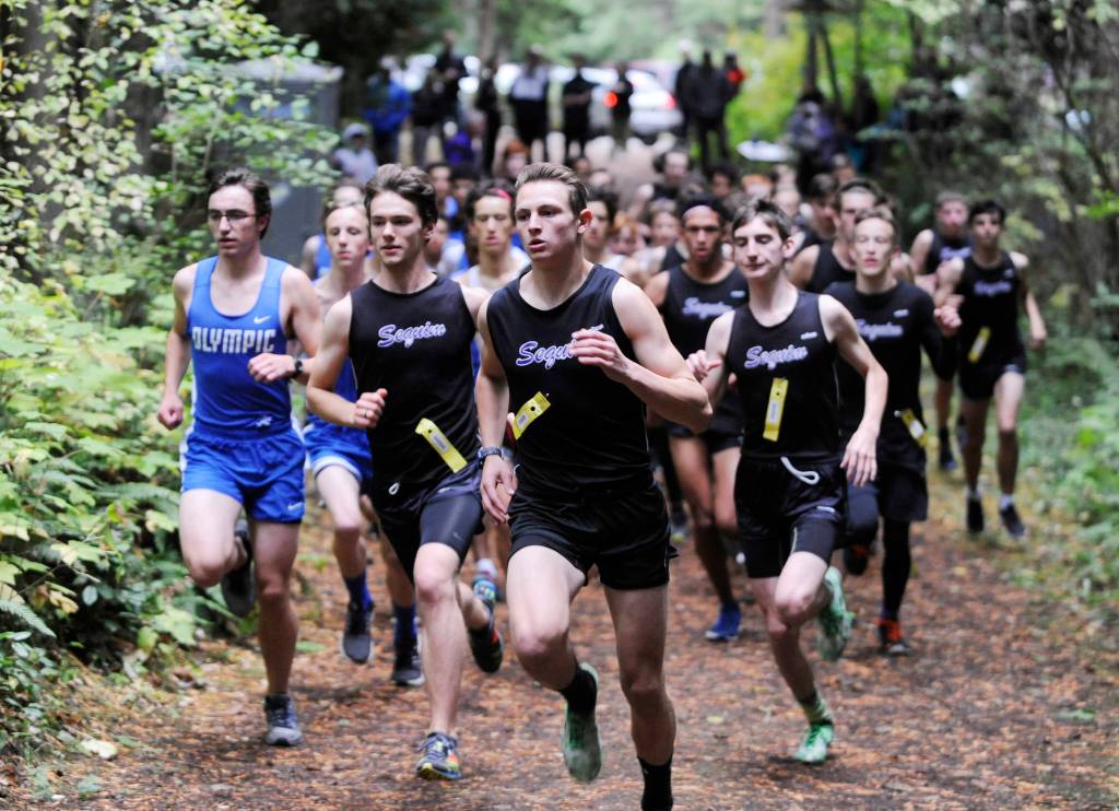 Sequim runners Liam Byrne, Murray Bingham and Jazen Bartee (second, third and fourth from left) lead the Wolves to a league victory over Olympic and Port Townsend on Oct. 4 at Robin Hill County Park in Sequim, with Bingham (17:26) taking first place overall, Byrne second and Bartee third. Sequim Gazette photo by Michael Dashiell