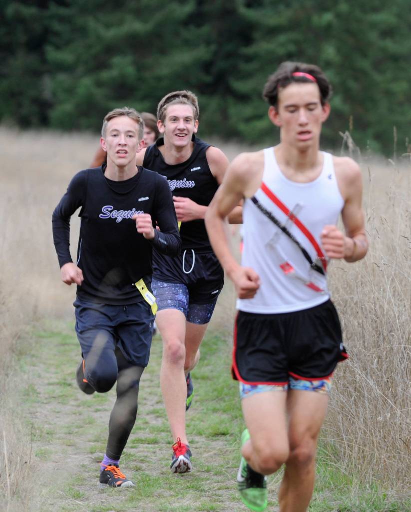 Sequims Jakob Pyeatt, left, and Fischer Jensen, make their way up meadow hill at Robin Hill County Park on Oct. 4. Jensen was fifth and Pyeatt seventh as the Wolves swept Olympic and Port Townsend. Sequim Gazette photo by Michael Dashiell