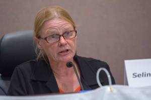Selinda Barkhuis, former Clallam County treasurer and candidate for prosecuting attorney, answers questions during a League of Women Voters forum Wednesday. (Jesse Major/Peninsula Daily News)