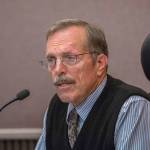 Clallam County Sheriff Bill Benedict answers questions during the League of Women Voters forum Tuesday. (Jesse Major/Peninsula Daily News)
