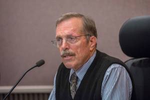 Clallam County Sheriff Bill Benedict answers questions during the League of Women Voters forum Tuesday. (Jesse Major/Peninsula Daily News)