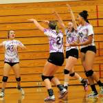 Sequim players Bobbi Sparks (27), Kalli Wiker (21), Tayler Breckenridge (28) and Jayla Julmist (30) celebrate a point in the Wolves Oct. 11 match-up with North Kitsap. Sequim Gazette photo by Matthew Nash                                Sequim players Bobbi Sparks (27), Kalli Wiker (21), Tayler Breckenridge (28) and Jayla Julmist (30) celebrate a point in the Wolves Oct. 11 match-up with North Kitsap. Sequim Gazette photo by Matthew Nash