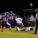 Sequims Michael Young (11) and Joey Oliver (29) celebrate a touchdown in the Wolves rivalry win over Port Angeles on Oct 12. Sequim Gazette photo by Matthew Nash