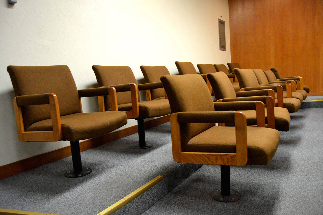 In Clallam County Superior Court room No. 2, 13 seats open for potential jurors in trials. Before deliberation, an alternate is selected and excused despite sitting through the trial. Sequim Gazette photo by Matthew Nash