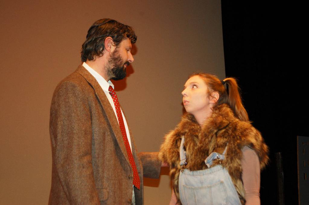 In Olympic Theatre Arts upcoming show Sylvia Edwin J. Anderson III, left, emotionally falls in love with the dog Sylvia, played by Melissa Karapostoles. This new relationship causes problems between characters and sets the plot for the story. Sequim Gazette photo by Erin Hawkins