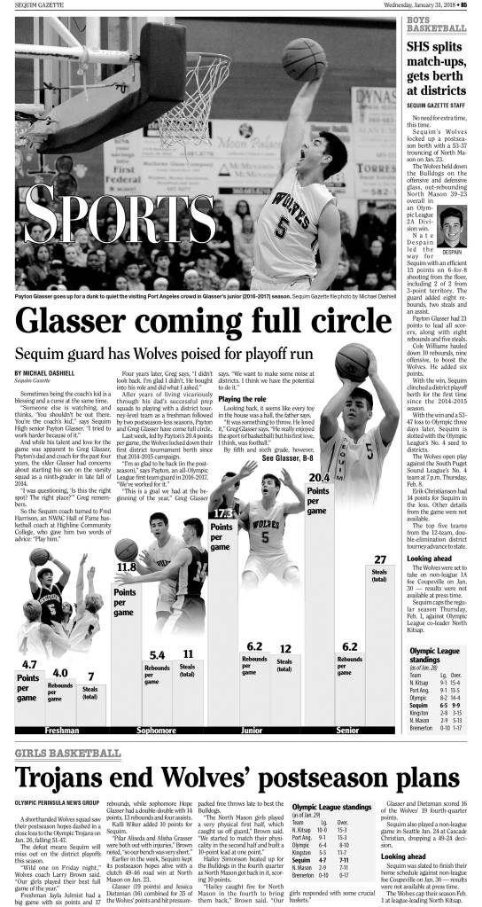 The Sequim Gazettes Jan. 31, 2018, cover of the sports section took first place in the 2018 WNPA Better Newspaper Contests Sports Page Design division. (designer Michael Dashiell)