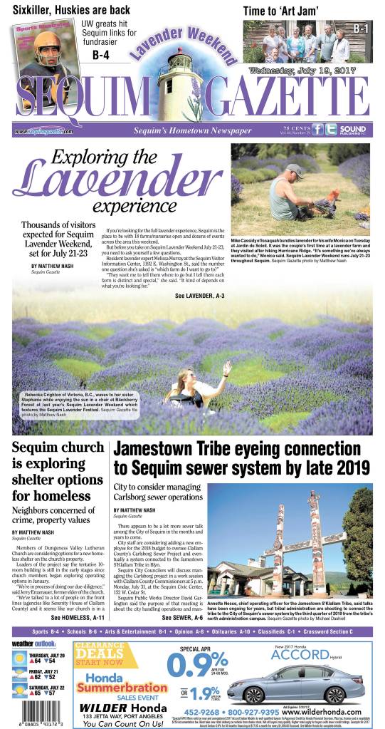 The Sequim Gazettes July 19, 2017, front page took second place in the 2018 WNPA Better Newspaper Contests Front Page Design division. (designer Michael Dashiell)
