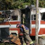 Firefighters from Clallam County Fire District 3 responded to a propane explosion at about 2:25 p.m. on Oct. 16 that caused a fire to ignite in an 18-foot travel trailer at the 800 block of West Hendrickson Road in Sequim. Sequim Gazette photo by Erin Hawkins