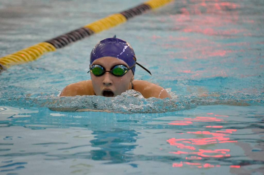 Natalie George swims strong during the 200 individual medley on Oct. 18. Sequim Gazette photo by Matthew Nash
