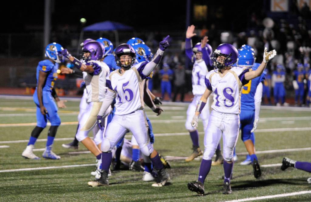 Sequims Taig Wiker (15) and Jarrett Allen let Sequim fans know they recovered a fumble in the Wolves 41-21 road win on Oct. 26, locking up a 6-0 record in Olympic League play. The Wolves open the postseason Nov. 2 against Franklin Pierce in Silverdale. Sequim Gazette photo by Michael Dashiell