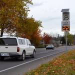The first of 19 speed signs are up in the City of Sequim, including this sign on Blake Avenue by Carrie Blake Community Park. City of Sequim staff said a few are being installed each week. Sequim Gazette photo by Matthew Nash