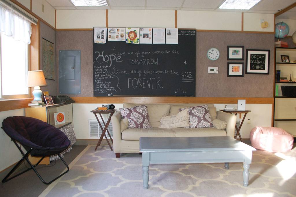 Teachers at Olympic Peninsula Academy, such as Kim Glasser, have transformed their portable classroom space into a cozy learning environment for students. Sequim Gazette photo by Erin Hawkins