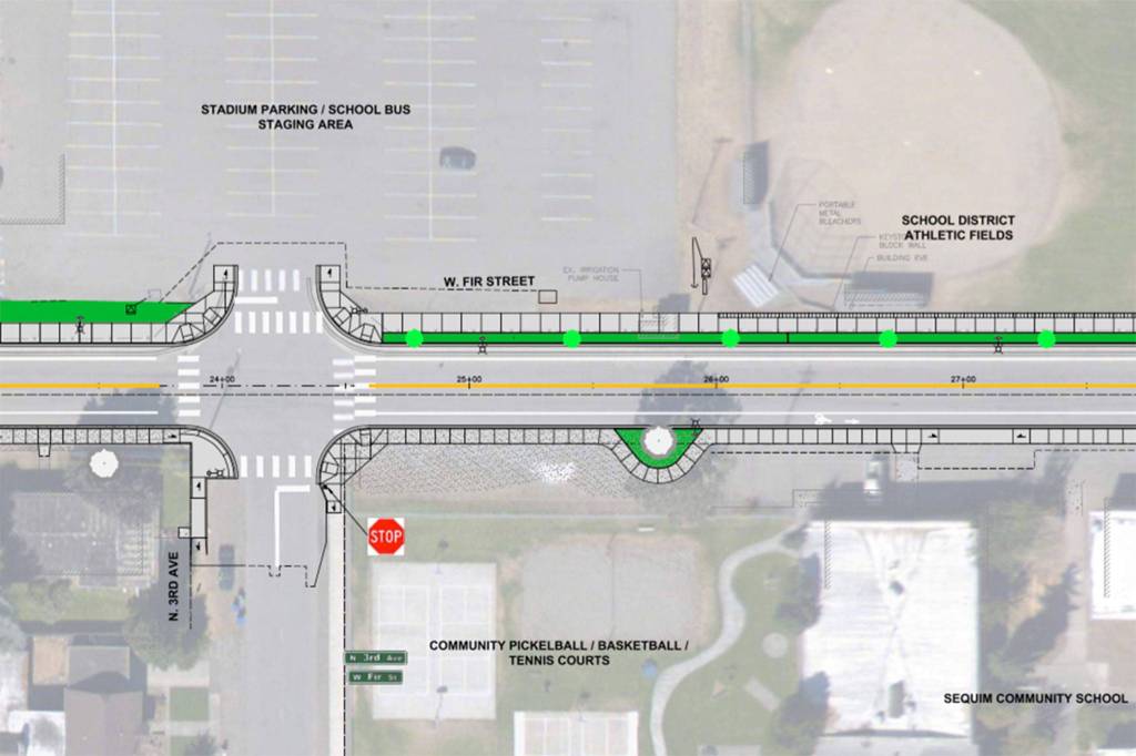 This City map shows areas of roadway improvements made during the City of Sequims Fir Street Rehabilitation Project. Sequim High Schools softball field will need to be shifted north as the dugout near third base will be impacted by reconstruction. Submitted photo