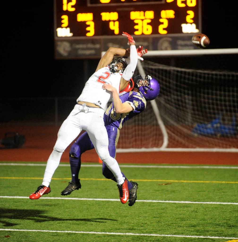 Sequim defensive back Jarrett Allen, right defends the Wolves end zone as Steilacoom star receiver Emeka Egbuka looks to make a play in the second quarter of the Sentinels 49-12 win in Silverdale on Nov. 9. Sequim Gazette photo by Michael Dashiell