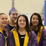 Sequims swim squad celebrates an 11th place finish at the class 2A state meet in Federal Way last week. They include relay teammates (from left) Sonja Govertsen, Mia Coffman, Sydney Swanson and Jasmine Itti. Photo by Madeline Patterson