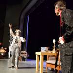 Jacob Marley (Maggie van Dyken) confronts Ebenezer Scrooge (Damon Little) with narrator Payton Sturm watching in his home warning him about ghosts coming to visit him in Sequim High Schools production of A Christmas Carol. Sequim Gazette photo by Matthew Nash