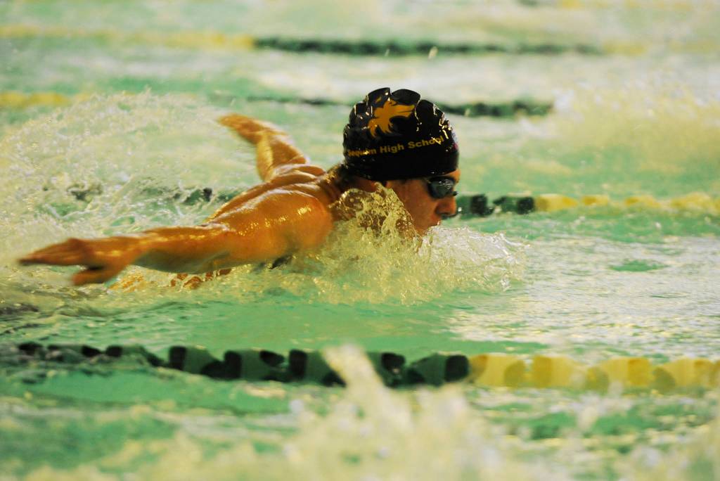 Sequims Liam Payne competes in the 200 individual medley against Port Angeles Roughriders on Dec. 13. Sequim Gazette photo by Michael Dashiell