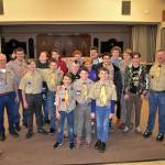 Members of Boy Scout Troop 90 in Sequim along with Scoutmaster Rene Nadon, left, and Assistant Scoutmaster Ken Smith, right, say they appreciate the support community members provided after about $9000 in camping equipment was stolen from their trailer. The community has been phenomenal, Nadon said. Sequim Gazette photo by Matthew Nash