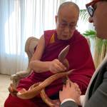 Washington Lt. Governor Cyrus Habib presents the Dalai Lama a driftwood art piece in December created by Sequim artist Tuttie Peetz. She was contacted by Habibs office to donate some art for the trip because they felt driftwood is a good representation of Washingtons environment. Photo courtesy of the Office of the Lt. Governor