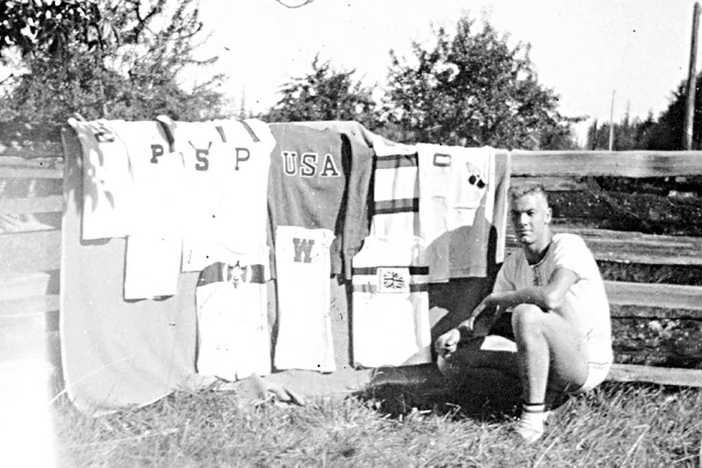 Former Sequim resident Joe Rantz, pictured here in the 1930s with uniforms from his collegiate and Olympic Games competitions, is the centerpiece of The Boys in the Boat, a best-selling book that is the basis for a feature film by Metro-Goldwyn-Mayer Studios and Lantern Entertainment. Photo courtesy of Joe Rantz family