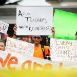 Trey Brouillard, center, and other Sequim High students express their views about gun control on the SHS campus on March 14. Sequim Gazette file photo by Michael Dashiell