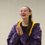 Sequim freshman Mia Coffman reacts after earning a top-five finish at the state 2A meet in Federal Way. Photo by Madeline Patterson