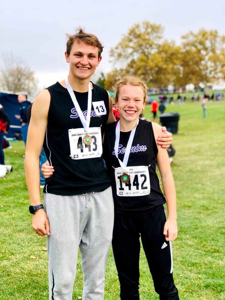 Both placing 13th at the state 2A cross country finals in Pasco on Nov. 3 are Sequims Murray Bingham and Riley Pyeatt. Photo courtesy of Tracie Pyeatt