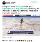 Jennifer Thomas tweet from Dec. 8 about skater Rika Kihira winning at the Grand Prix in Vancouver, B.C., may have helped lead her to an international deal to release her music in Japan. Submitted photo