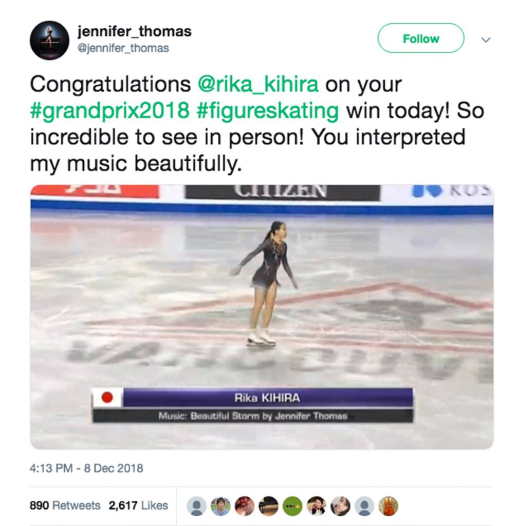 Jennifer Thomas tweet from Dec. 8 about skater Rika Kihira winning at the Grand Prix in Vancouver, B.C., may have helped lead her to an international deal to release her music in Japan. Submitted photo
