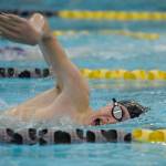 Sequims Deven Biehler swims the 200 free as he and the Wolves host North Kitsap on Jan. 10. Sequim Gazette photo by Michael Dashiell