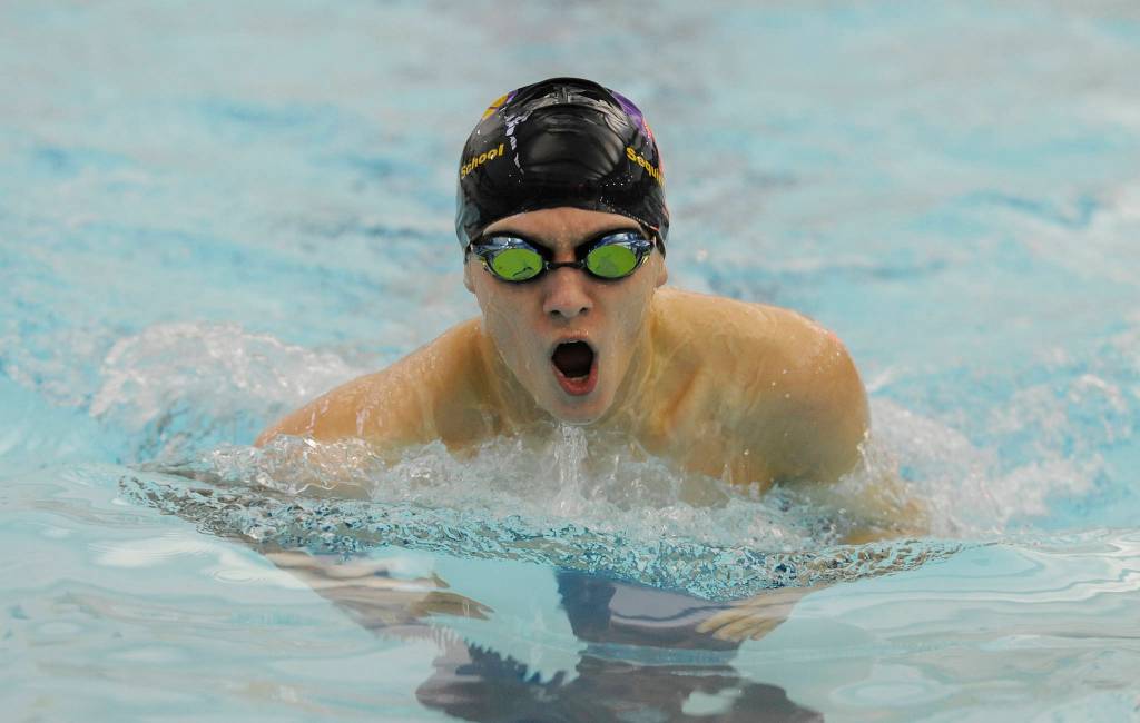 Sequim High senior Liam Payne swims a district meet-qualifying 200 IM against North Kitsap on Jan. 10.