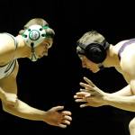 Above: Sequims Murray Bingham, right, grapples with Port Angeles Riley Gale in the 170-pound weight class on Jan. 17. Gale edged the Sequim senior, 1-0. Right: Sequims Skye Henning takes on Port Angeles grappler Tatum-Mae Edmondson at 135 pounds on Jan. 17. Sequim Gazette photos by Michael Dashiell