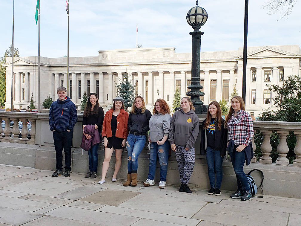 Sequim High students visiting the state capital in Olympic earlier this month include, from left, Liam Braaten, Lauren Sunden, Bella Lemon, Asia Thomas, Jaedyn Werts, Jenna Hampton, Ruby Romano and Karina Thiemke, pictured here in front of the Washington State Supreme Court. Submitted photo
