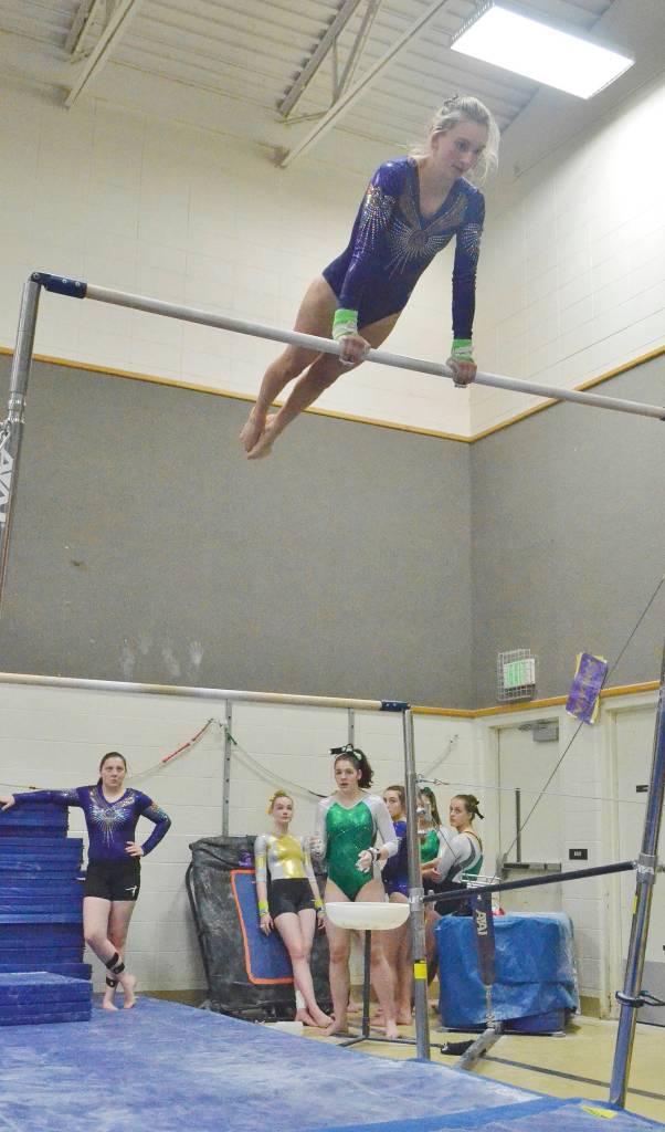 Sequims Emma Sharp competes in the bars portion of a league meet against North Kitsap on Jan. 24. Sharp led the Port Angeles-Sequim-Crescent prep team with 30.5 all-around points. Submitted photo
