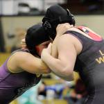 Sequims Aleah Chen, left, and Petra Bernsten wrestle in the consolation quarterfinals at Saturdays sub-district tournament in Port Angeles. Chen pinned her teammate and went on to take third place in the 145-pound weight class. Sequim Gazette photo by Michael Dashiell