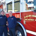 In January, Firefighters/EMTs Travis Anderson, left, and John McKenzie were named Career and Volunteer Firefighters of the Year (2018). They were chosen, fire administrators said, for increasing Clallam County Fire District 3s professionalism and core values. Sequim Gazette photo by Matthew Nash
