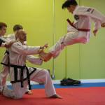 Marshall Phipps breaks a wood board as part of his black belt testing in early February. Phipps became the fourth member of his family to earn a Taekwon-do black belt. Submitted photo