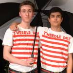 Tweedle Dee and Tweedle Dum, or rather Tweedle Dum and Tweedle Dee played by Ian Parker and Sean Weber ready to present Alice the tale of The Walrus and the Carpenter. Through the Looking-Glass is the friends first time acting in a school play, they said. Sequim Gazette photo by Matthew Nash