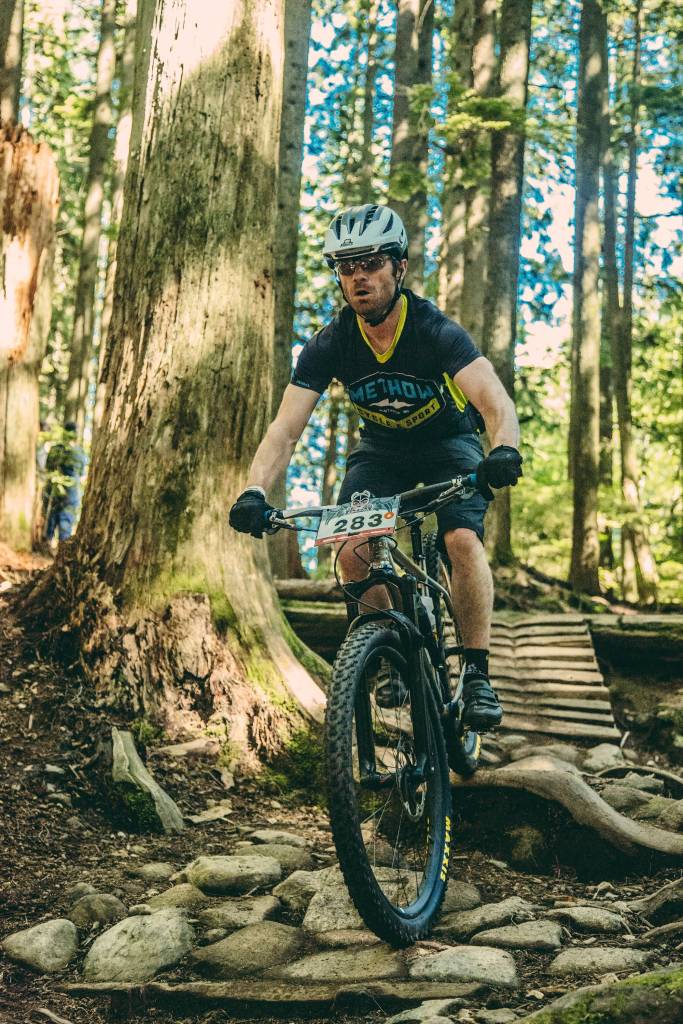 Powell Jones breaths as he clears one of the technical sections in North Vancouver at speed. A large part of completing and doing well in the race is just staying upright. Photo courtesy of Powell Jones