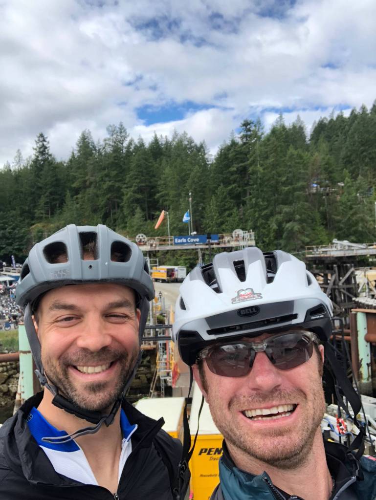 Powell Jones and his friend Adrain Shulock did the BC Bike Race together. Here they are preparing to start a stage directly after getting off a ferry.