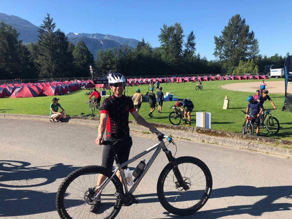 Powell Jones poses with the Single Speed bike that he participated on during BC Bike Race. A majority of racers take on BCBR with fully suspended geared bikes, Jones decided to stick with what he knows and road the race with only one gear. Photo courtesy of Powell Jones